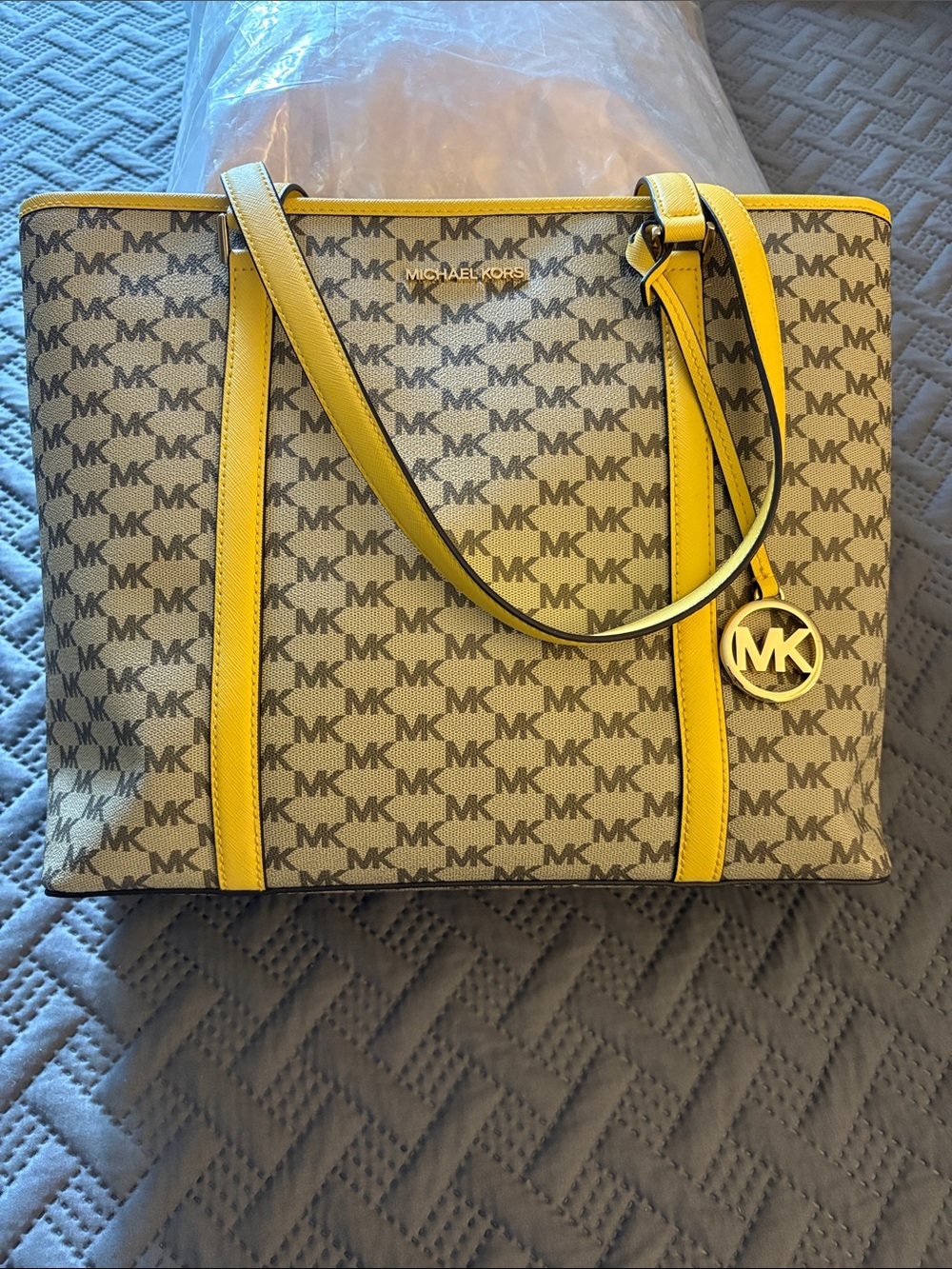 Michael Kors Beige MK Monogram Tote with Yellow Trim